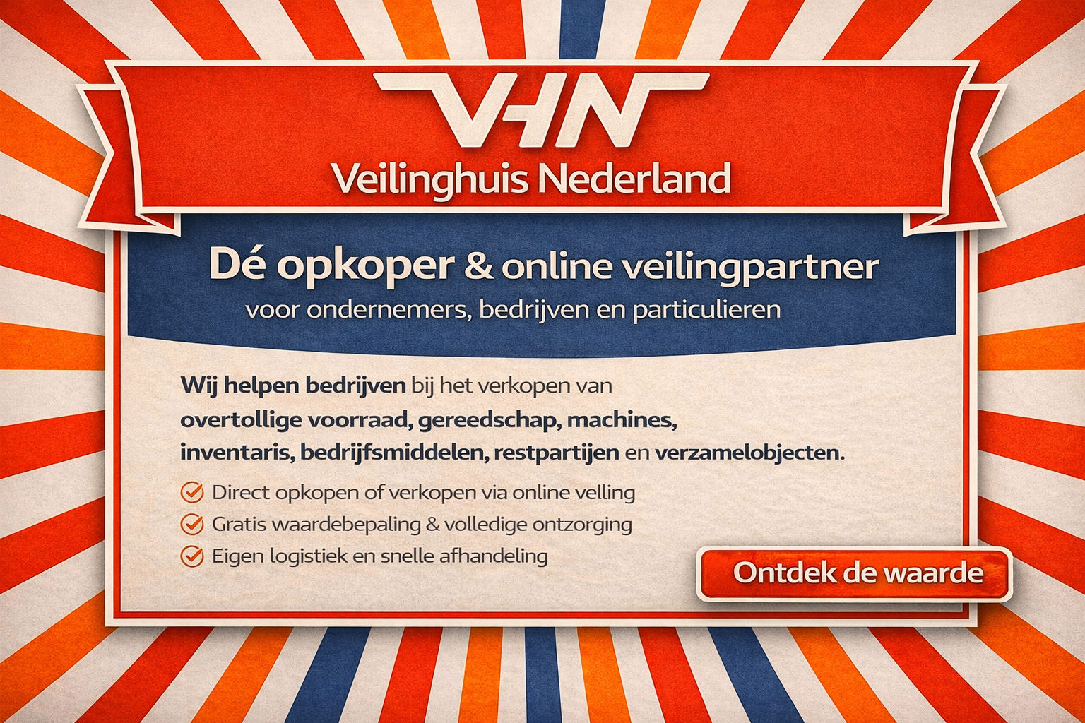 Taxatie en waardebepaling van gereedschap, bedrijfsinventaris, verzamelobjecten en overtollige voorraad door Veilinghuis Nederland.