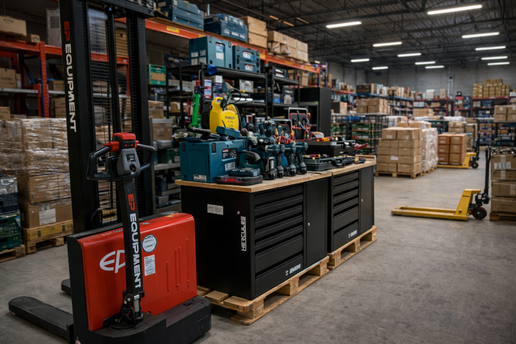 Magazijn met gebruikt professioneel gereedschap en werkplaatsinventaris