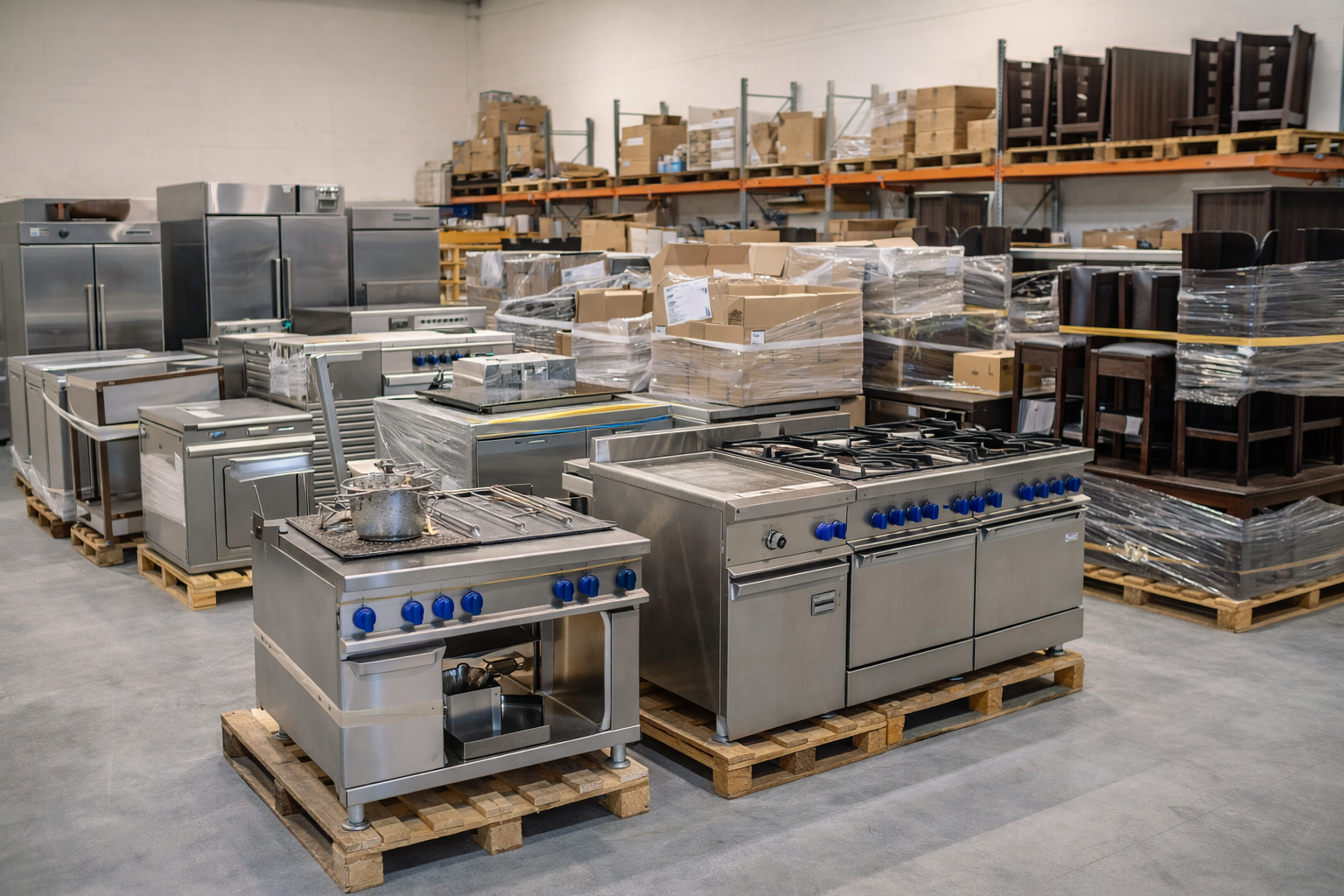 Professionele horeca inventaris op pallets in opslag na restaurant sluiting klaar voor verkoopstrategie