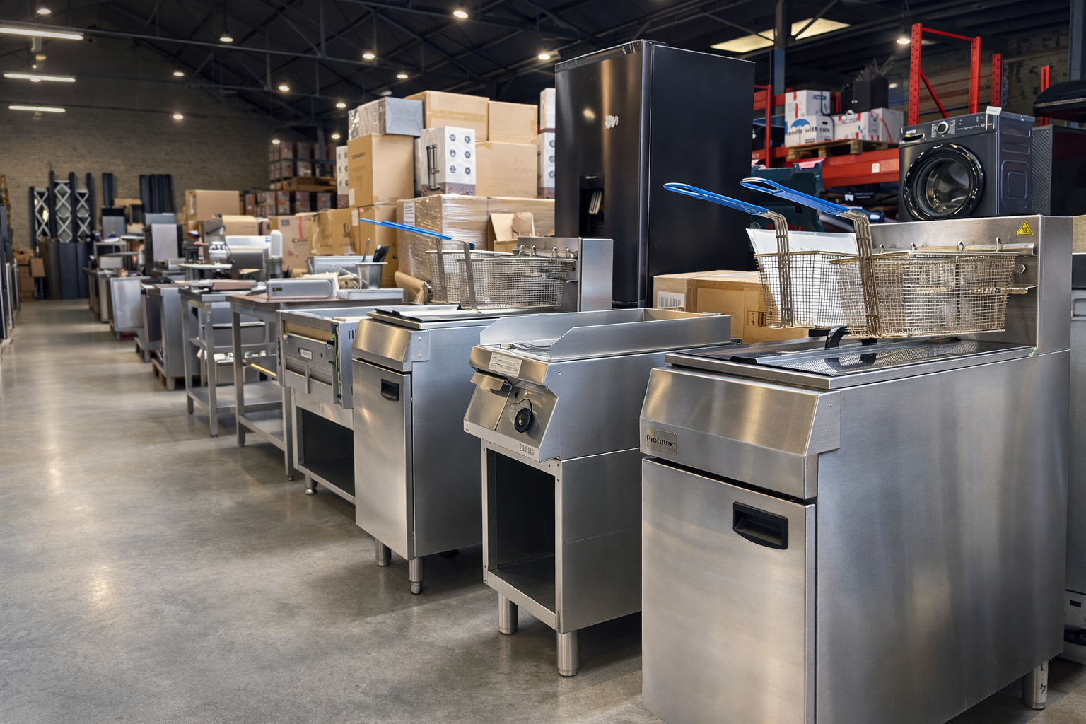 Complete horeca inventaris verkopen – professionele keuken met ovens, kooklijn en RVS werkbanken