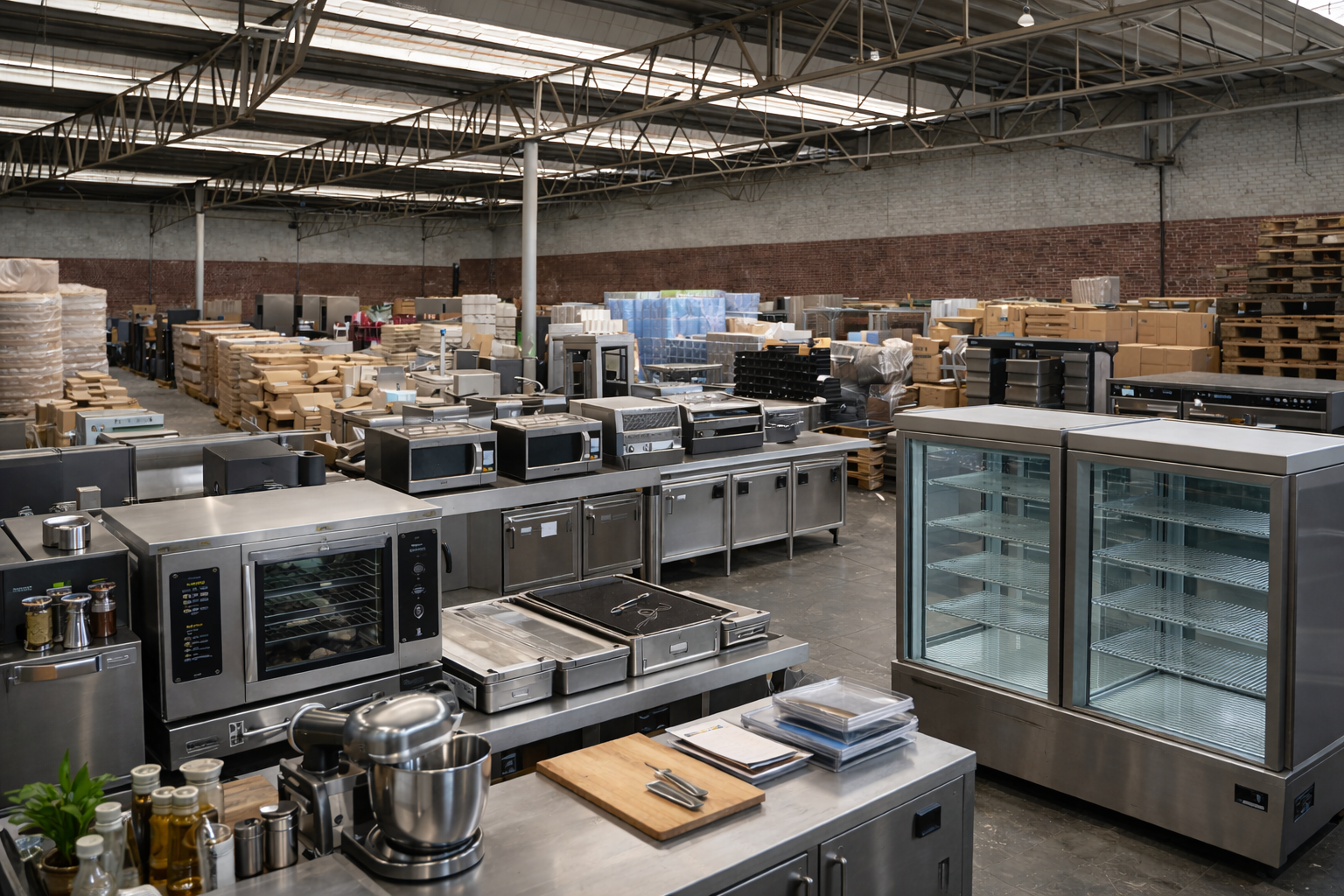 Magazijn van Veilinghuis Nederland met opgeslagen horeca inventaris en professionele horeca apparatuur