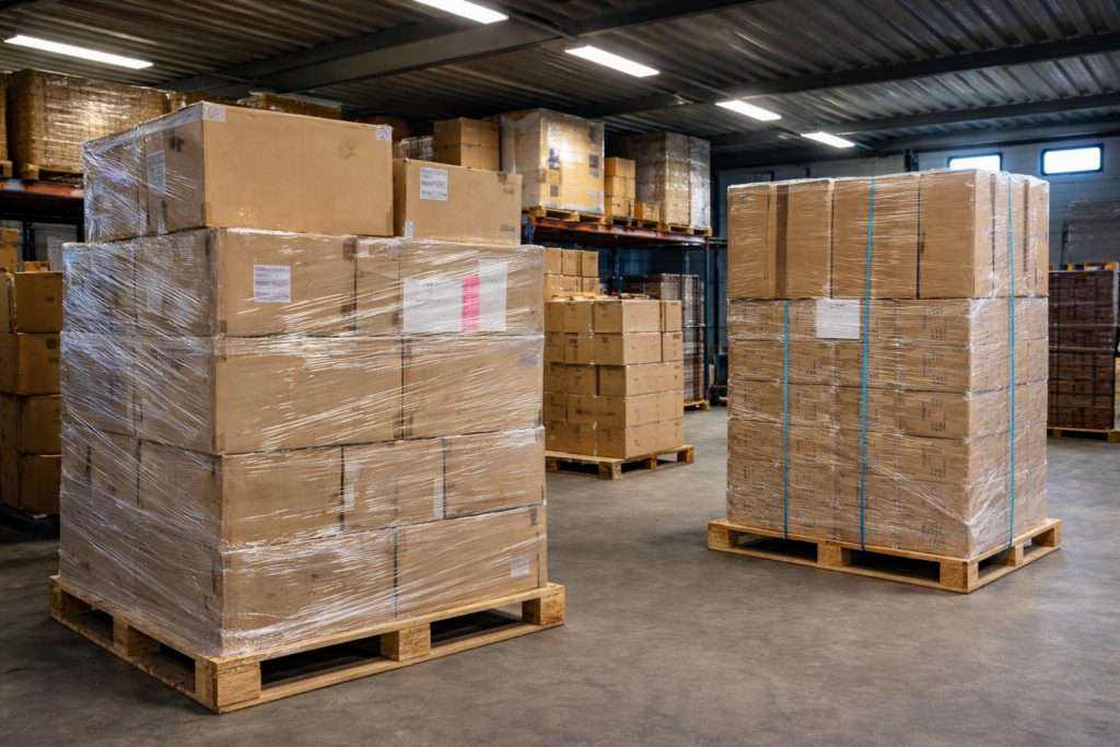 Opkoper van overtollige voorraad op pallets met nieuwe handelsgoederen voor bedrijven en winkeliers