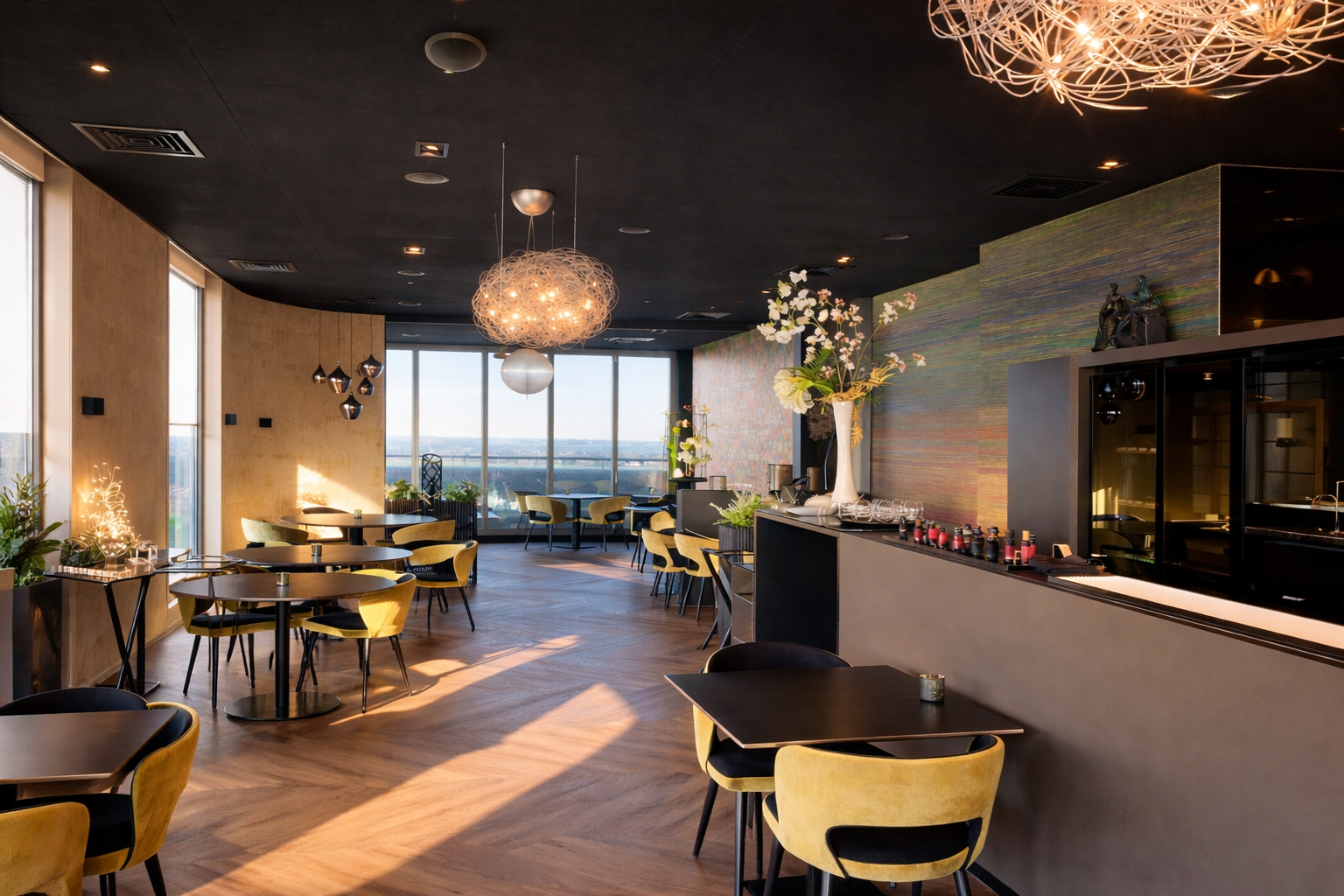 modern restaurant interieur met horeca inventaris zoals tafels stoelen en professionele inrichting