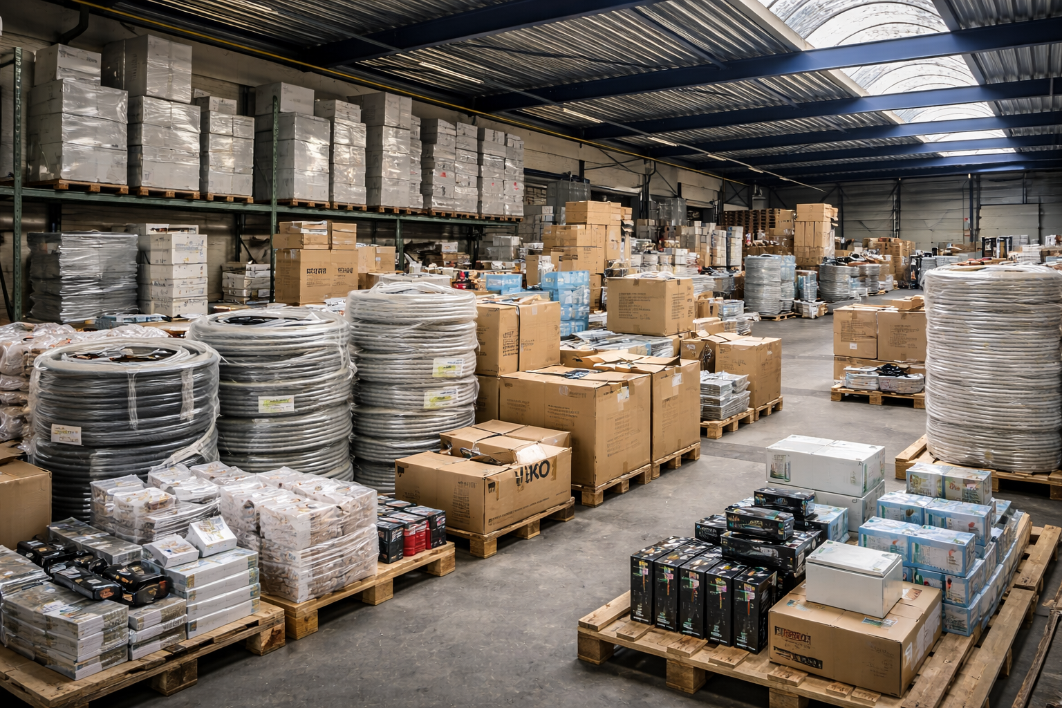 Magazijn met pallets en voorraad op stellingen klaar voor verkoop via een online veiling bij Veilinghuis Nederland