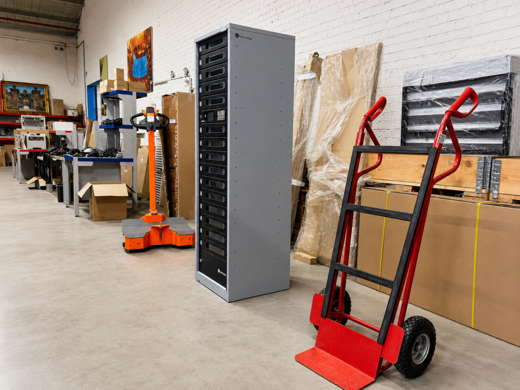 Bedrijfsinventaris met magazijnstellingen, machines en bedrijfsinrichting gereed voor verkoop via opkoop of online veiling.