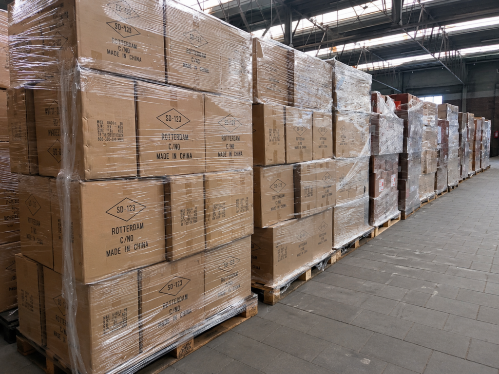 Overtollige voorraad op pallets gereed voor opkoop en verkoop door Veilinghuis Nederland.