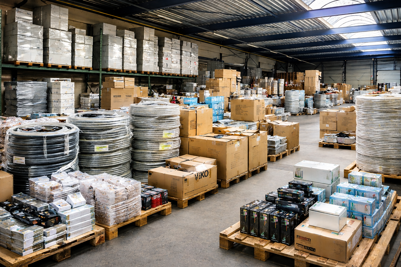 Magazijnvoorraad en bedrijfsinventaris opgeslagen op pallets voor verkoop via een online veiling van Veilinghuis Nederland.