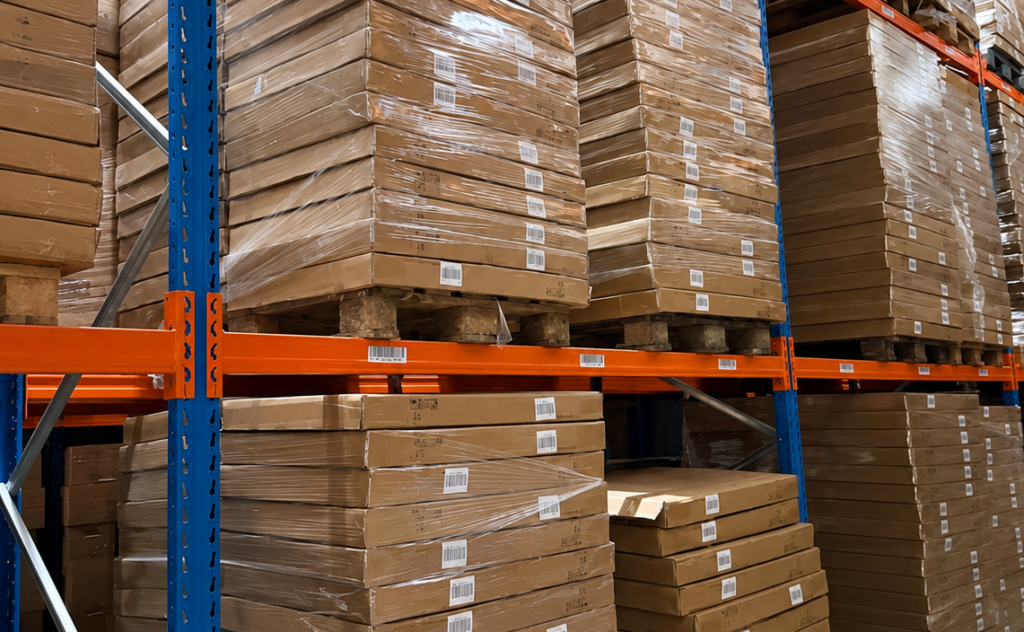 Overtollige voorraad op pallets in een magazijn klaar voor verkoop via Veilinghuis Nederland