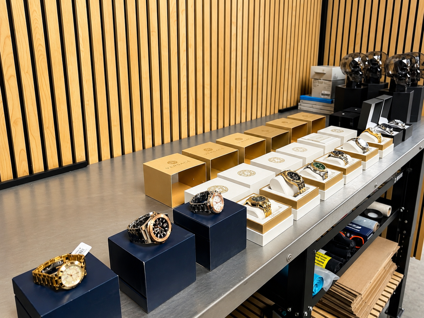 Luxe merkhorloges en sieraden uit een voorraadpartij, opgekocht voor een online veiling door een professionele opkoper van merkhorloges en juweliersvoorraden.