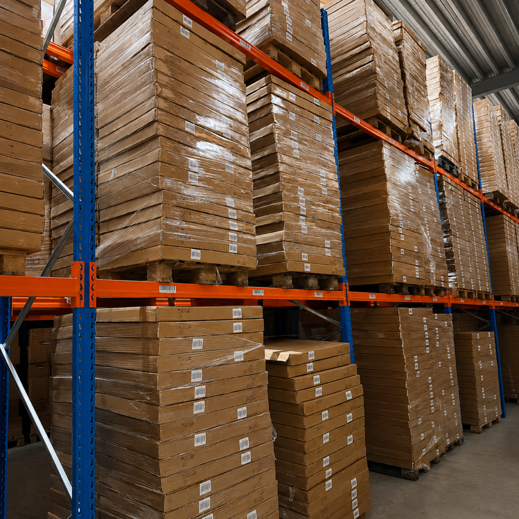 Magazijn met pallets vol voorraad en partijhandel voor handelaren en bedrijven bij Veilinghuis Nederland.