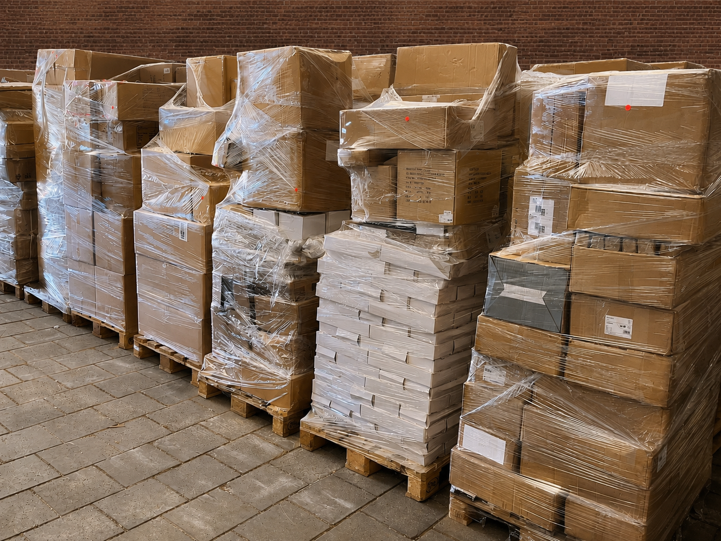Pallets met retourgoederen uit fulfilmentcentra en marketplaces klaar voor opkoop door Veilinghuis Nederland.