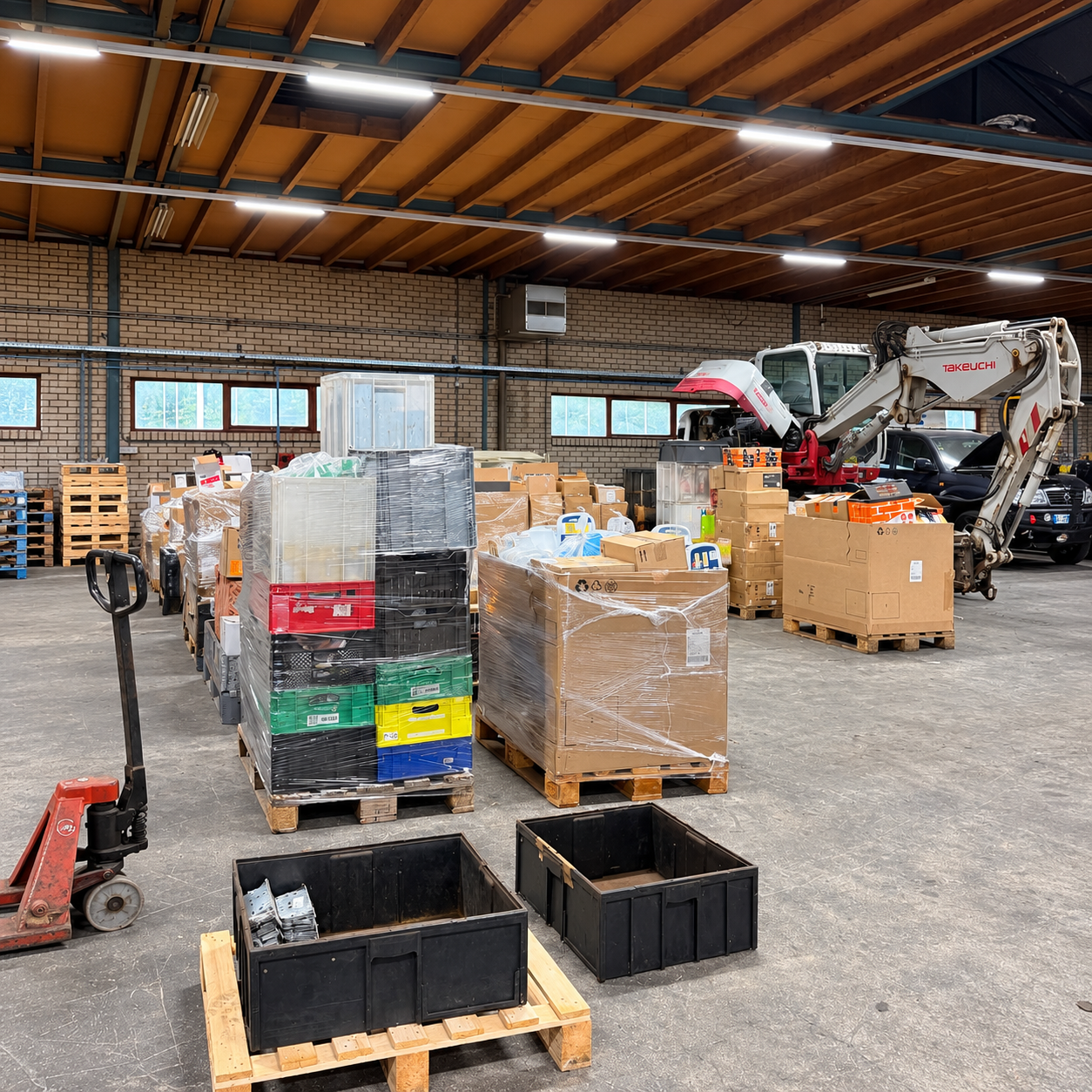 Pallets met dozen, installatiemateriaal en technische producten in een magazijn