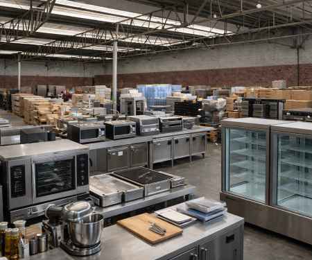 Magazijn van Veilinghuis Nederland met opgeslagen horeca inventaris en professionele horeca apparatuur